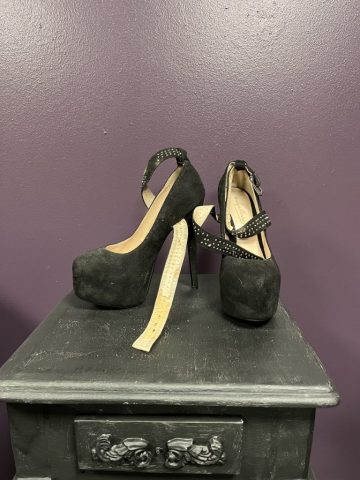 Onlymaker, black velour stilettos, worn